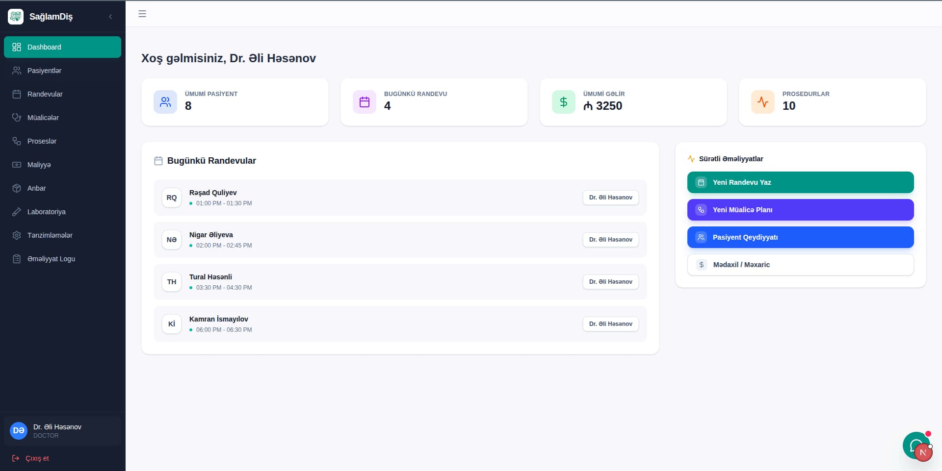 SağlamDiş Dashboard - Stomatoloji klinika idarəetmə paneli, dental practice management dashboard